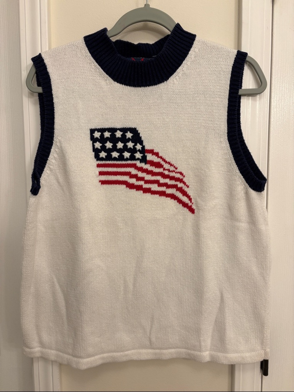 Celebrate 4th of July! White Sleeveless Sweater with Navy Trim & Red Flag Motif